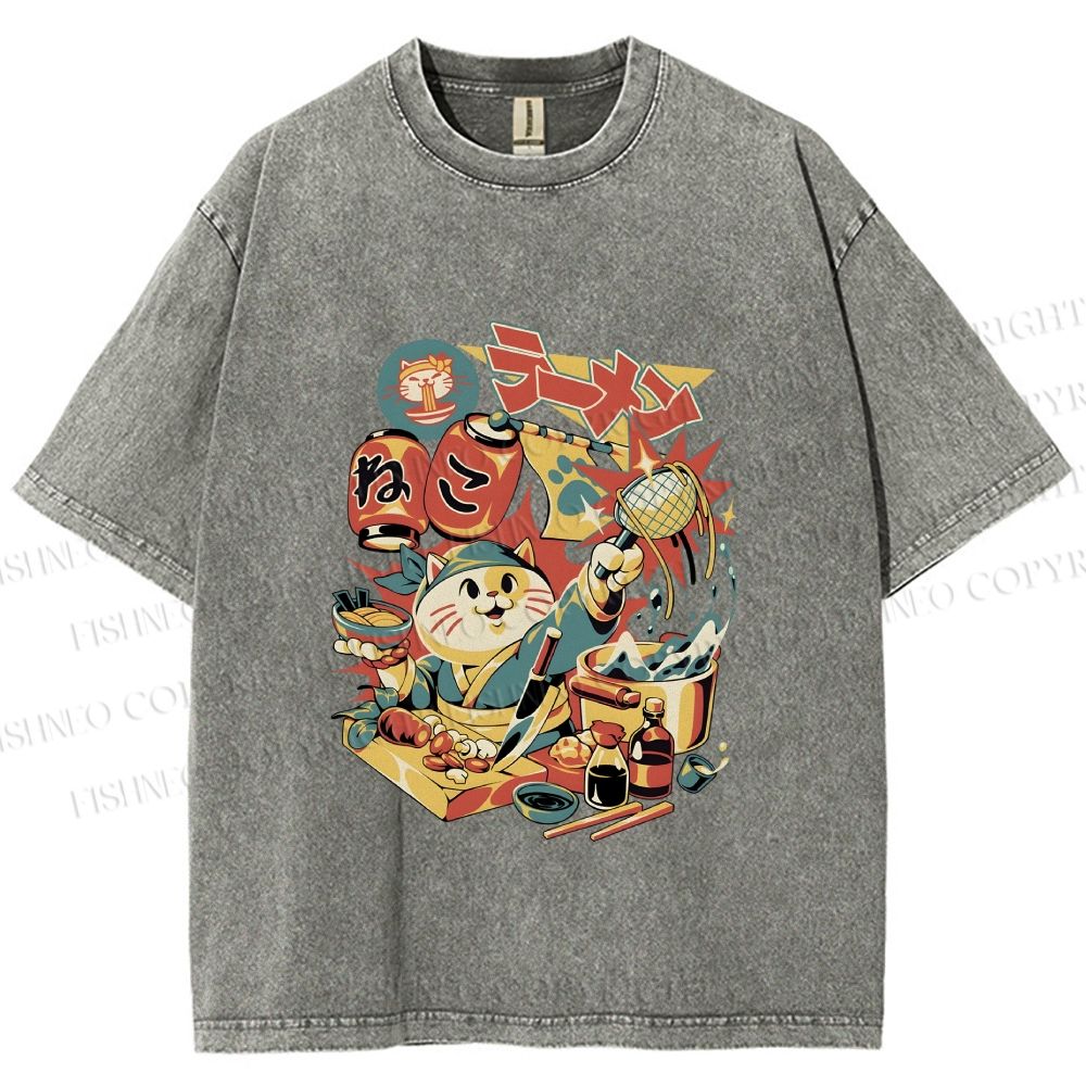 Unisex Japanese Ramen Chef Cat Printed Washed Tee