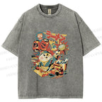 Unisex Japanese Ramen Chef Cat Printed Washed Tee