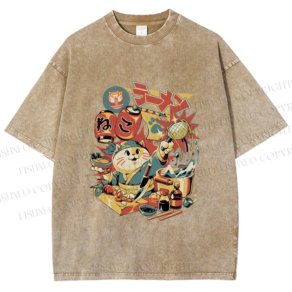 Unisex Japanese Ramen Chef Cat Printed Washed Tee