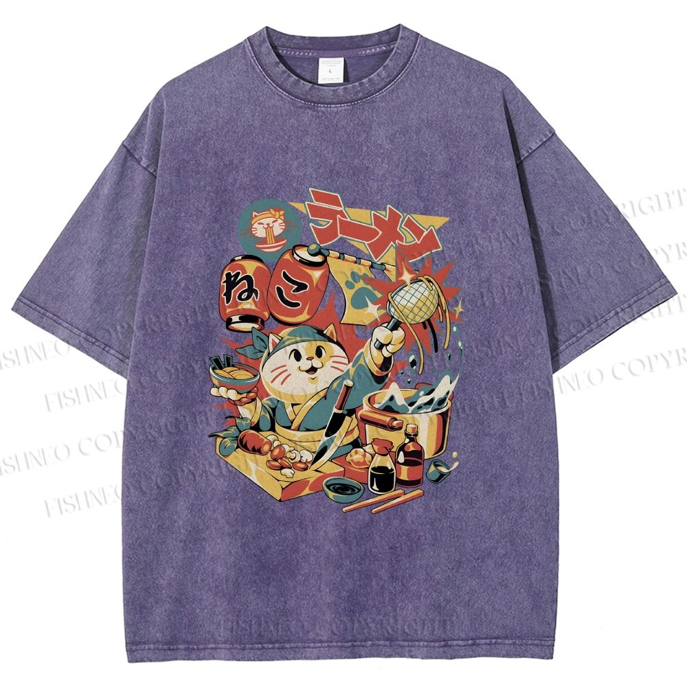 Unisex Japanese Ramen Chef Cat Printed Washed Tee
