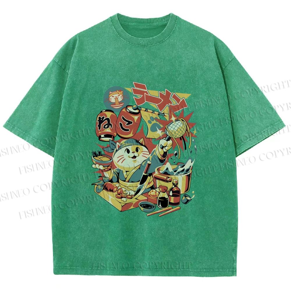 Unisex Japanese Ramen Chef Cat Printed Washed Tee