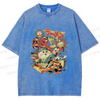 Unisex Japanese Ramen Chef Cat Printed Washed Tee