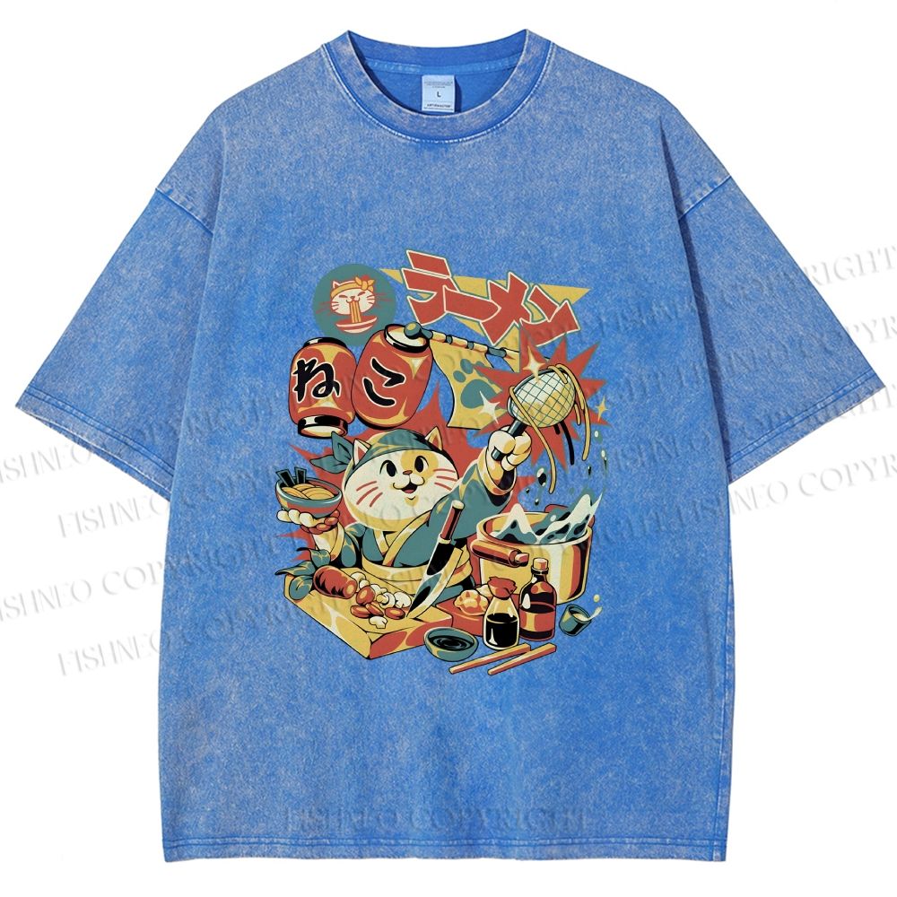 Unisex Japanese Ramen Chef Cat Printed Washed Tee