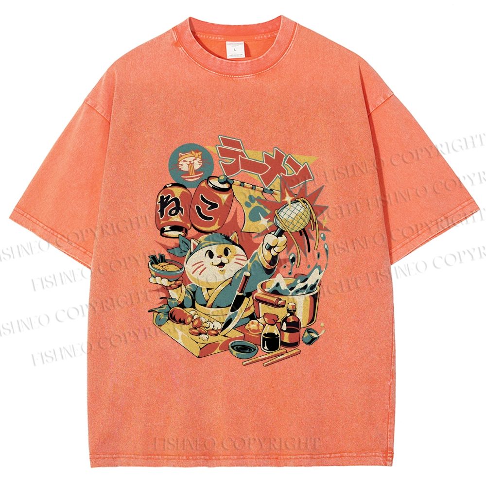 Unisex Japanese Ramen Chef Cat Printed Washed Tee