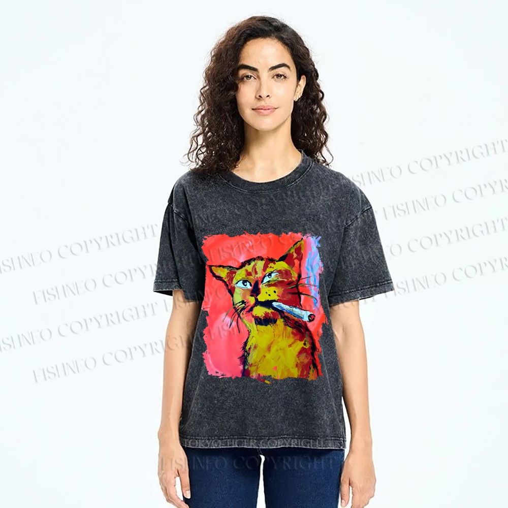 Unisex Ruffian Cat Smoking Printed Washed Tee