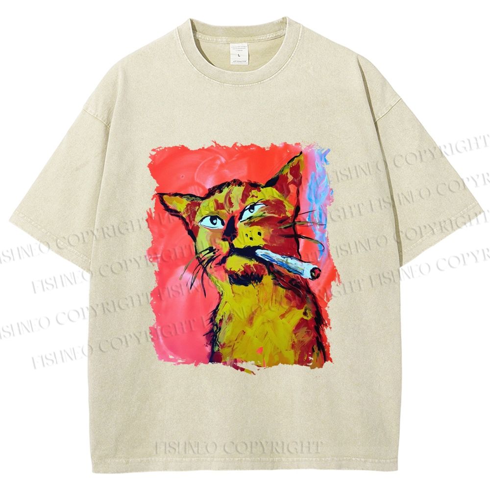 Unisex Ruffian Cat Smoking Printed Washed Tee