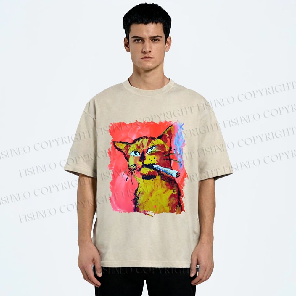 Unisex Ruffian Cat Smoking Printed Washed Tee