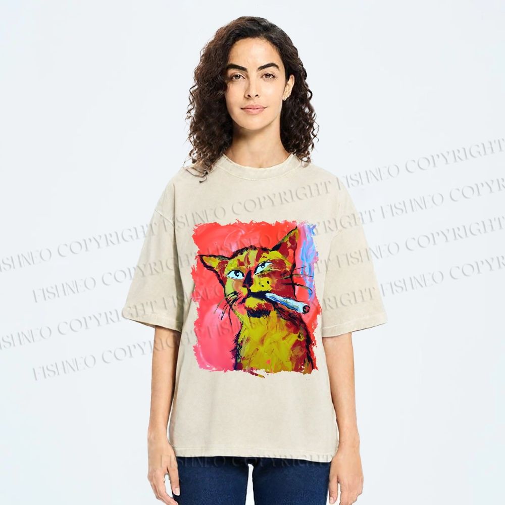 Unisex Ruffian Cat Smoking Printed Washed Tee