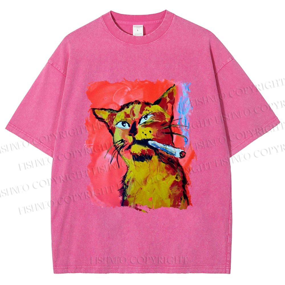 Unisex Ruffian Cat Smoking Printed Washed Tee