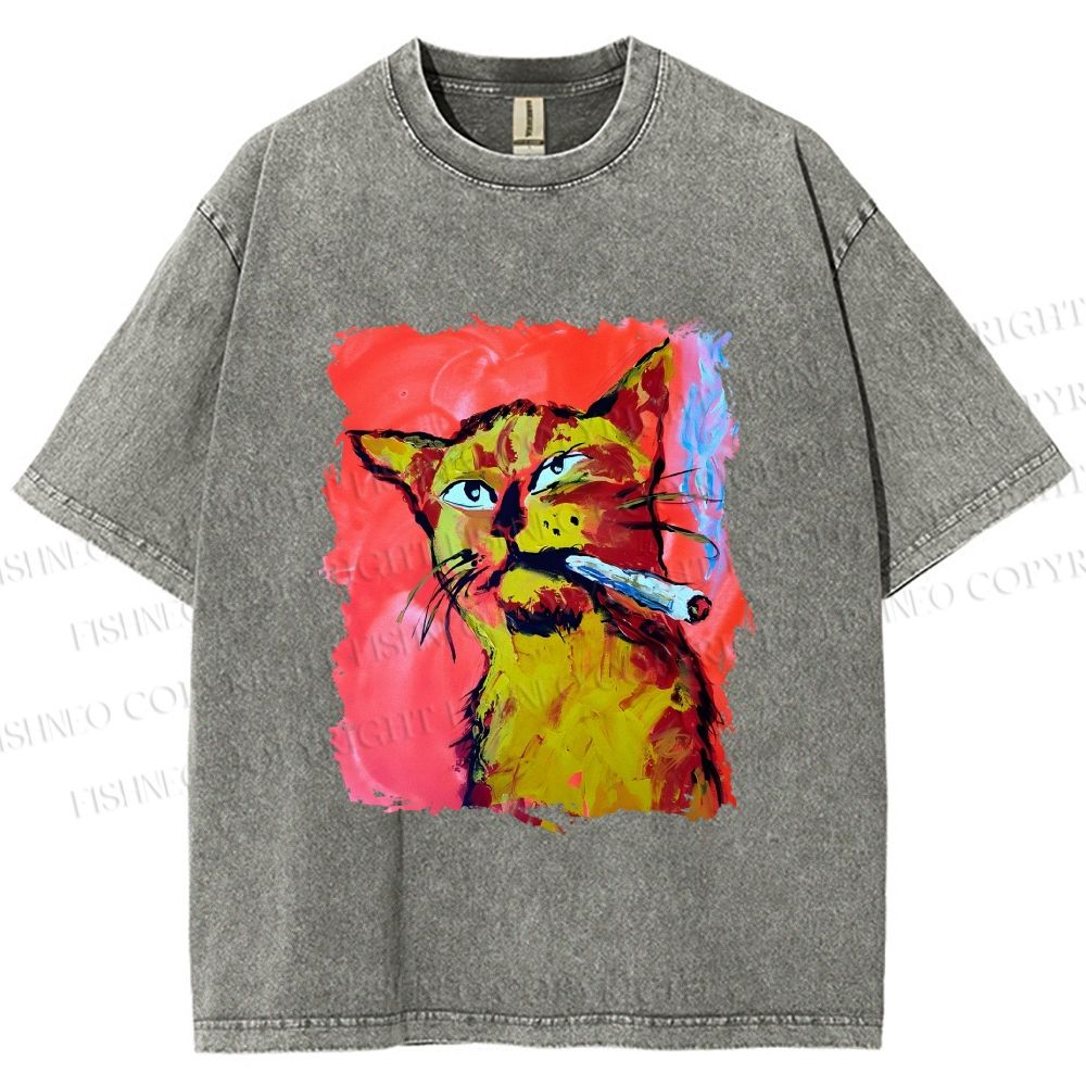 Unisex Ruffian Cat Smoking Printed Washed Tee
