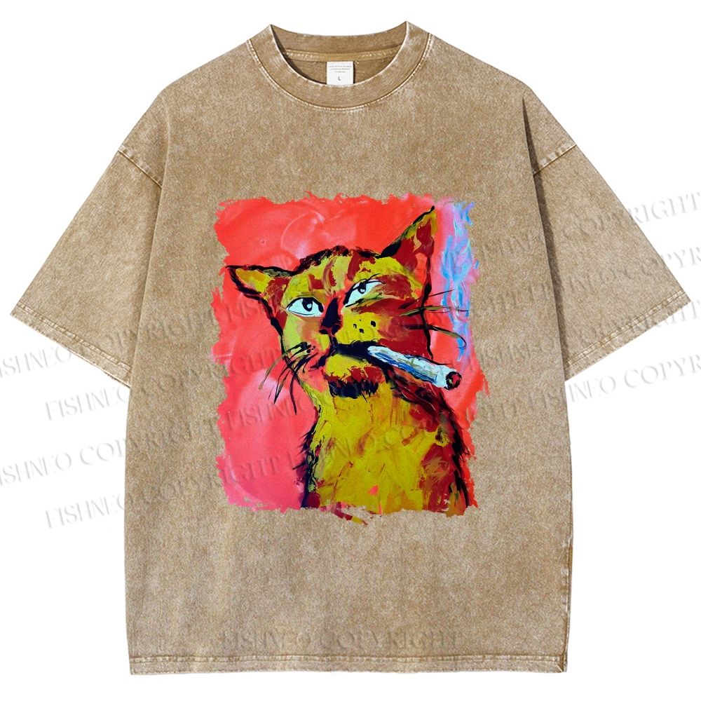 Unisex Ruffian Cat Smoking Printed Washed Tee