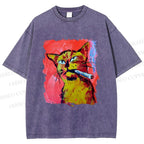 Unisex Ruffian Cat Smoking Printed Washed Tee