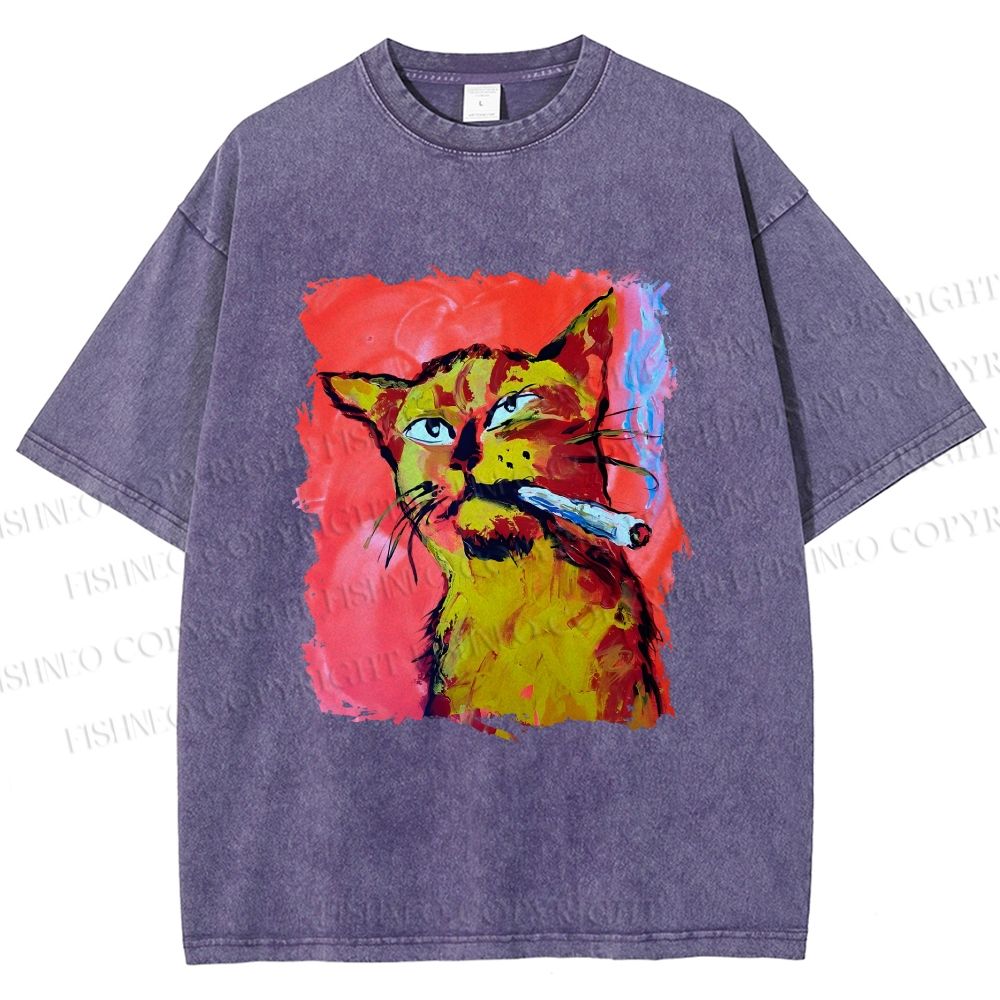 Unisex Ruffian Cat Smoking Printed Washed Tee