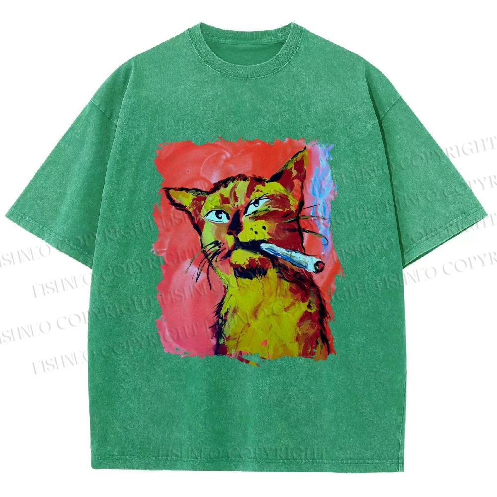 Unisex Ruffian Cat Smoking Printed Washed Tee