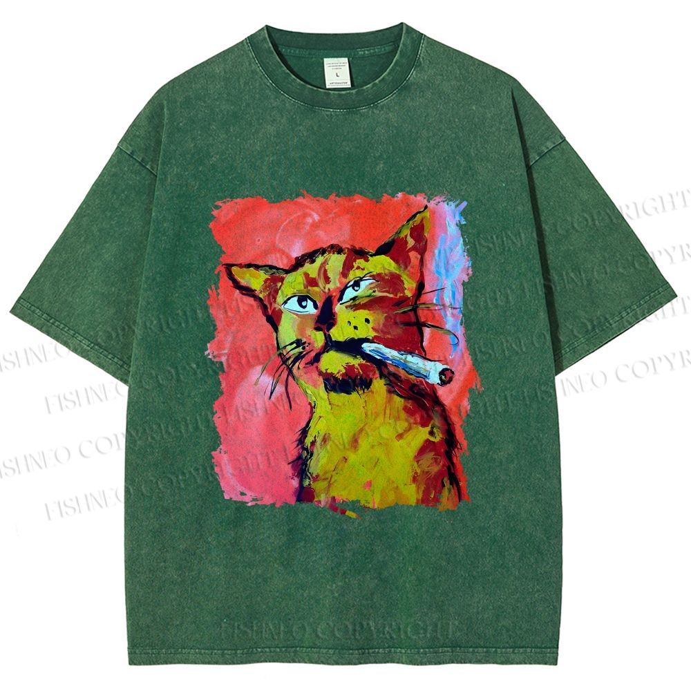 Unisex Ruffian Cat Smoking Printed Washed Tee