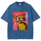 Unisex Ruffian Cat Smoking Printed Washed Tee