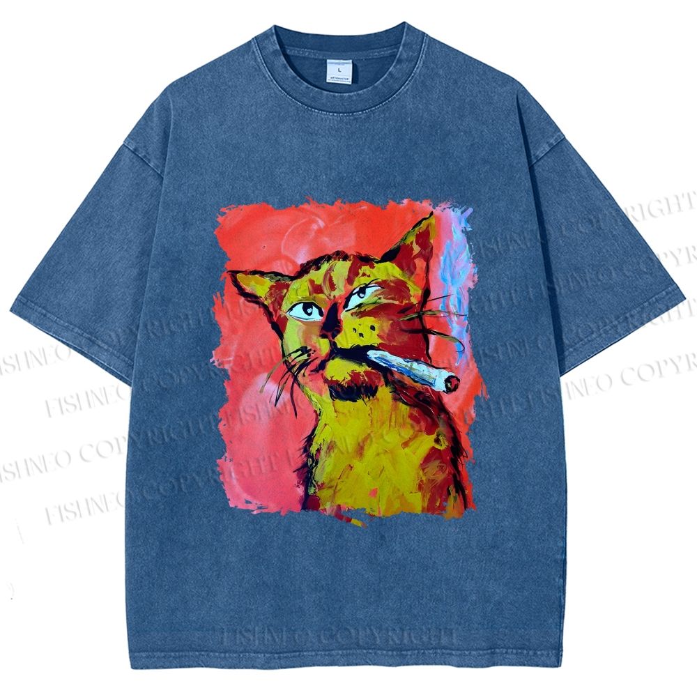 Unisex Ruffian Cat Smoking Printed Washed Tee