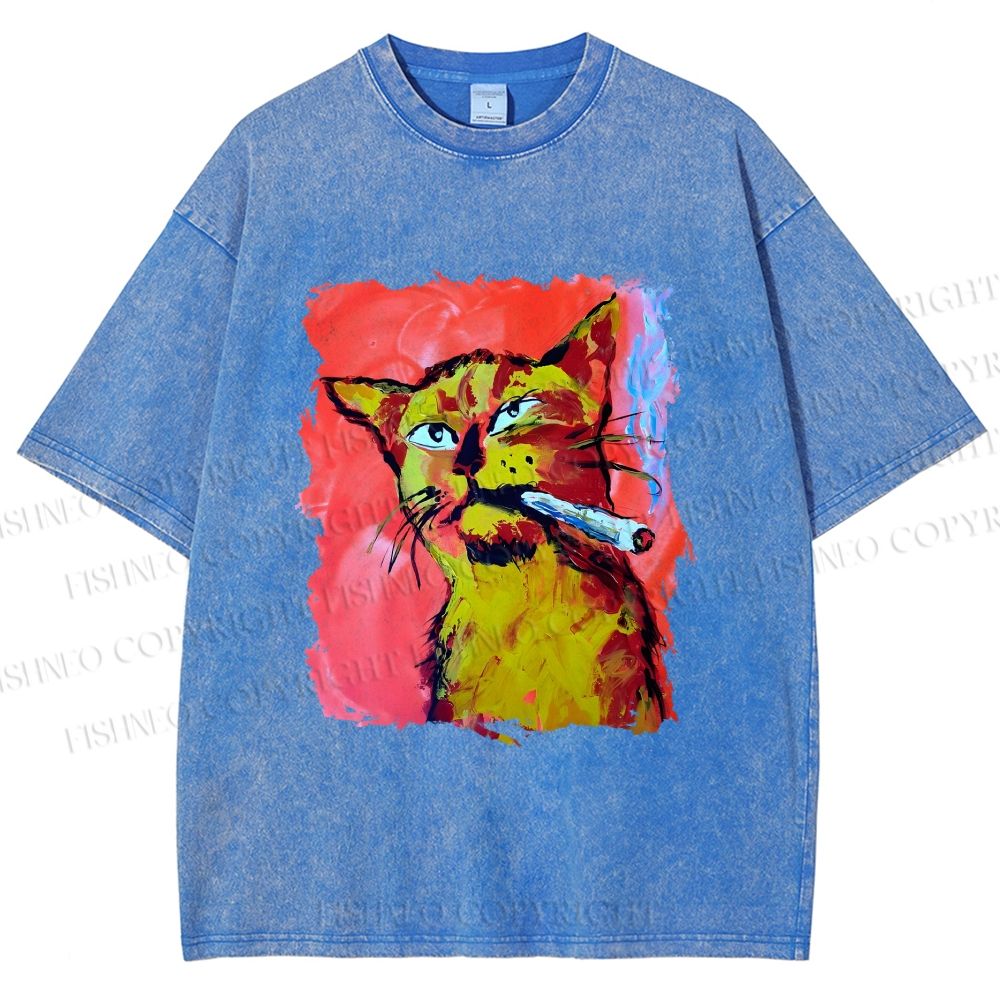 Unisex Ruffian Cat Smoking Printed Washed Tee