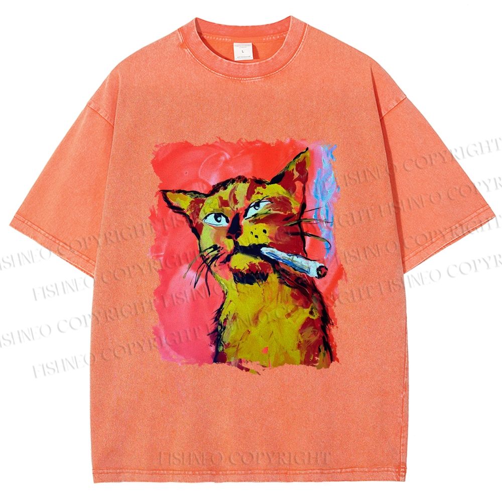 Unisex Ruffian Cat Smoking Printed Washed Tee