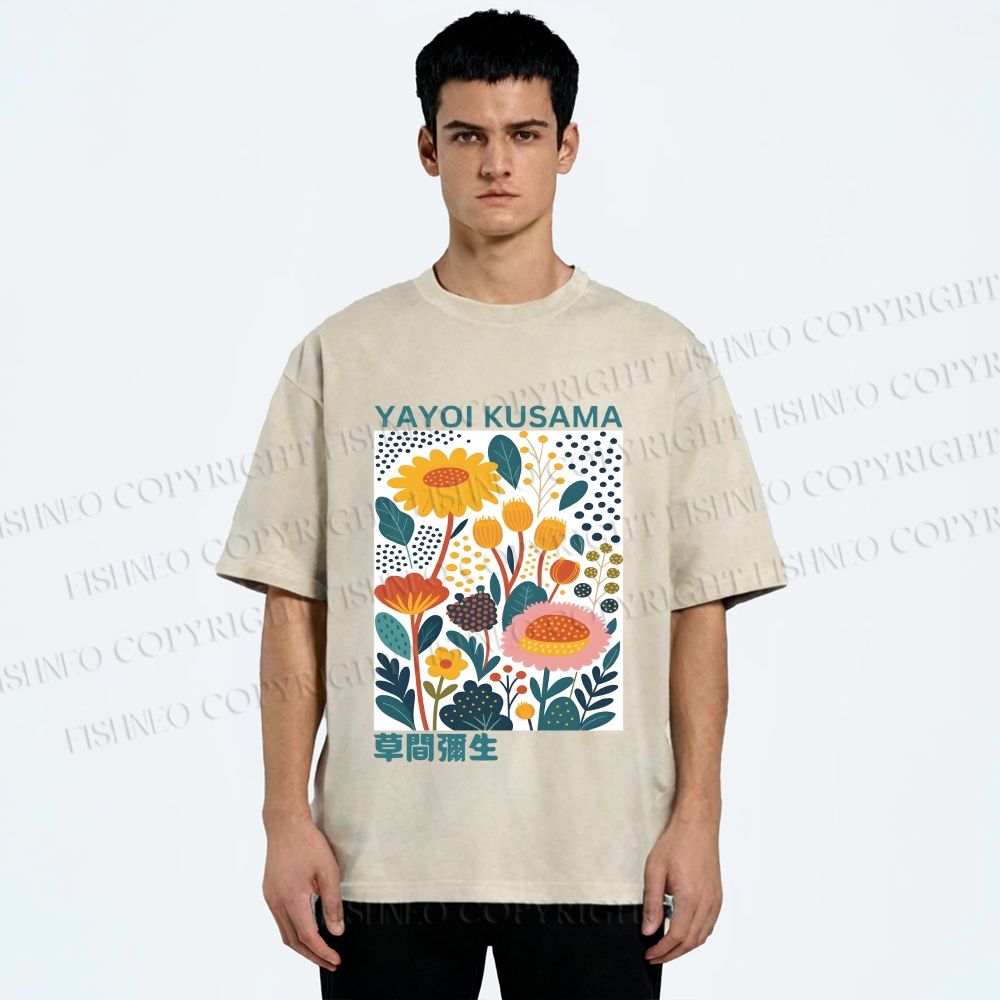 Unisex Yayoi Kusama Flowers Printed Washed Tee