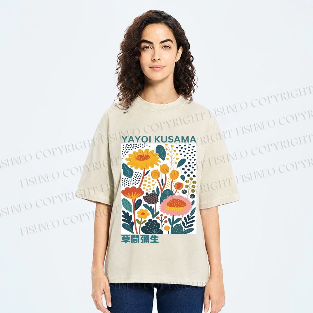 Unisex Yayoi Kusama Flowers Printed Washed Tee
