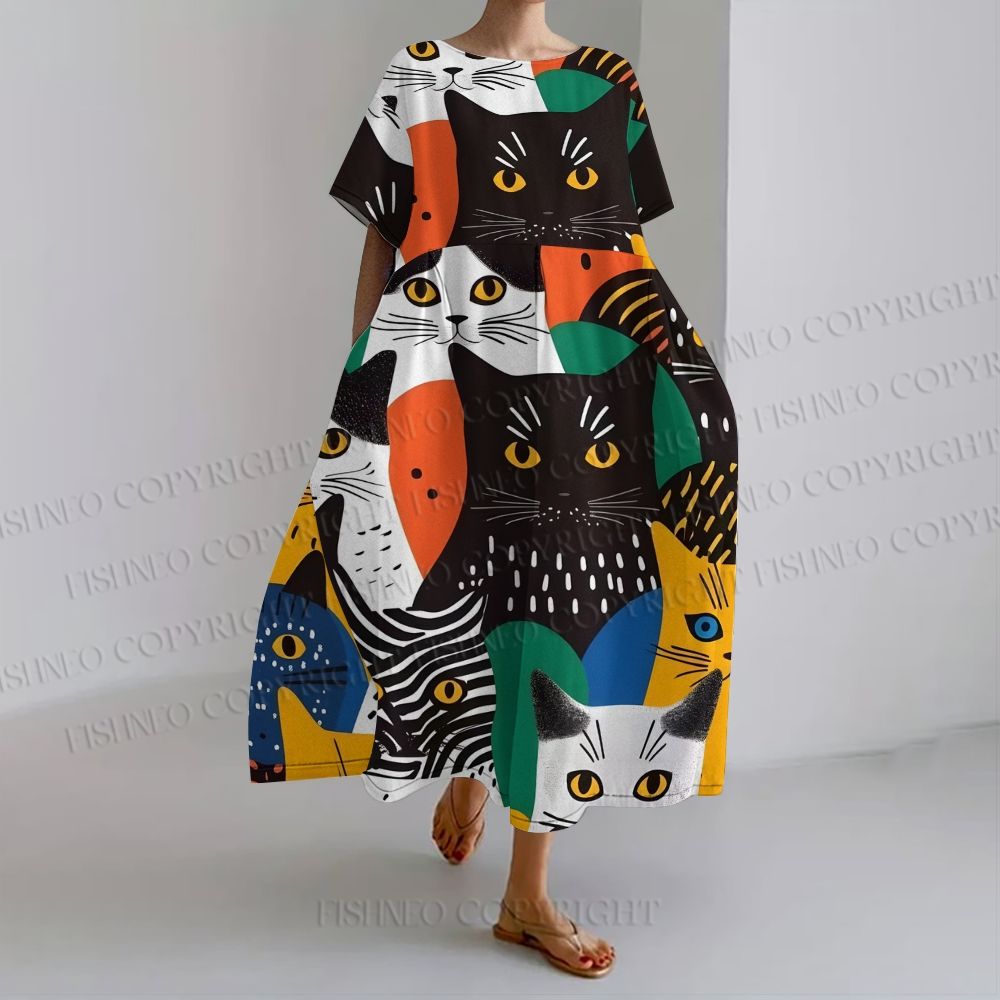 Women's Cat Loose Fit Round Neck Long Sleeve Maxi Dress