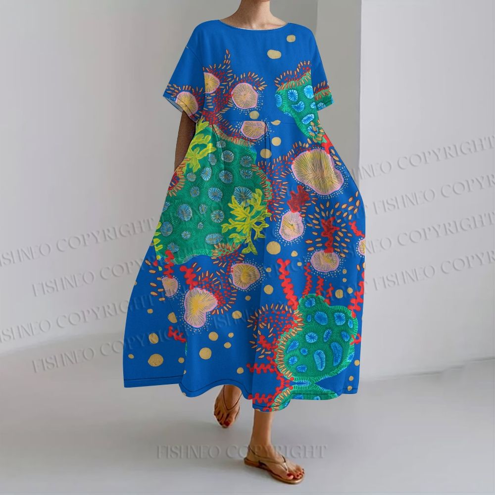 Women's Marine Plants Loose Fit Round Neck Long Sleeve Maxi Dress