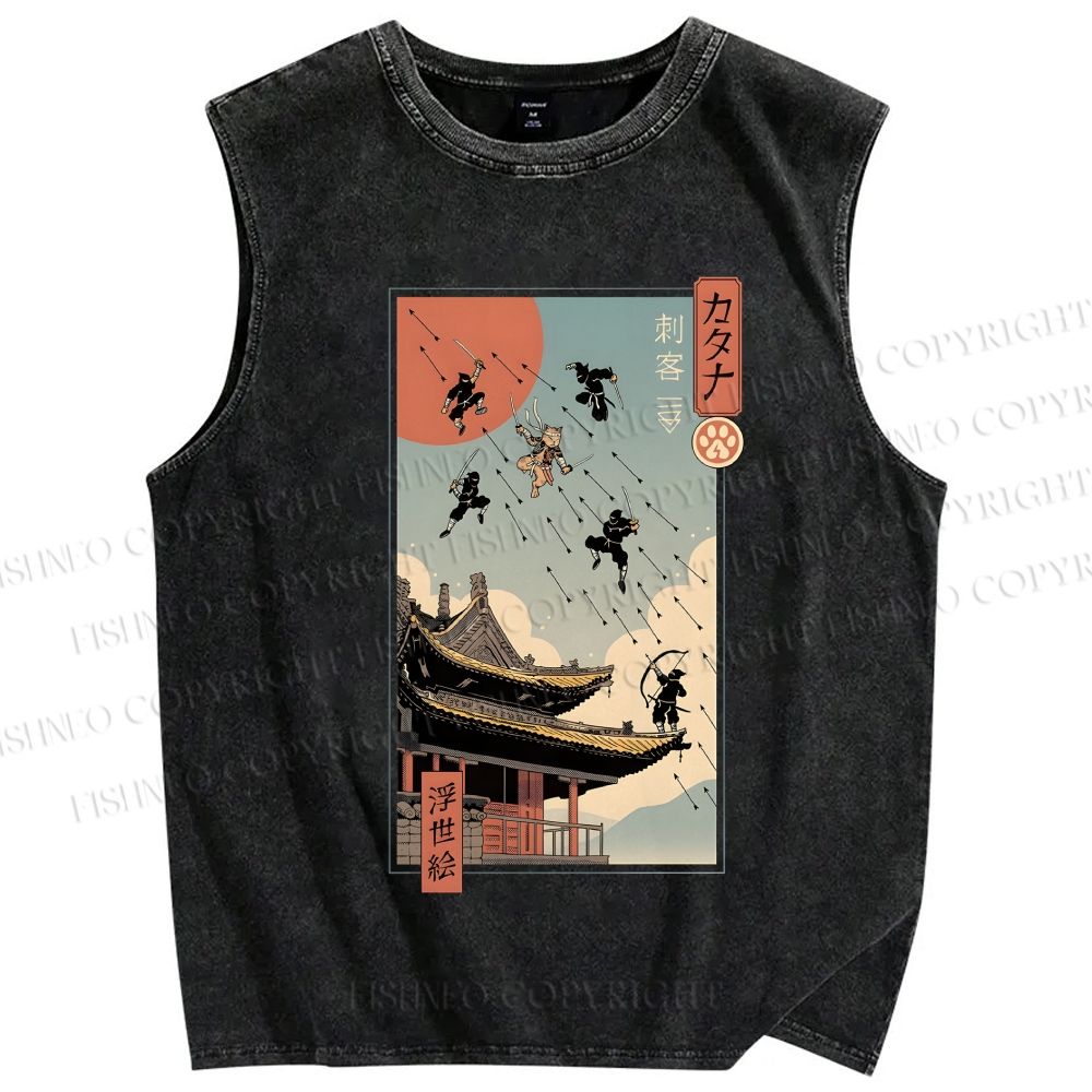 Unisex Catana Fight in Edo Printed Washed Tank Top