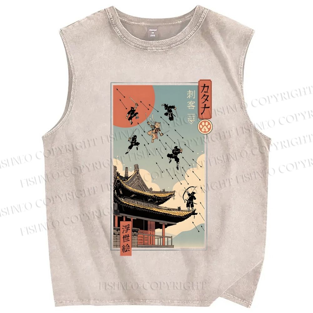 Unisex Catana Fight in Edo Printed Washed Tank Top