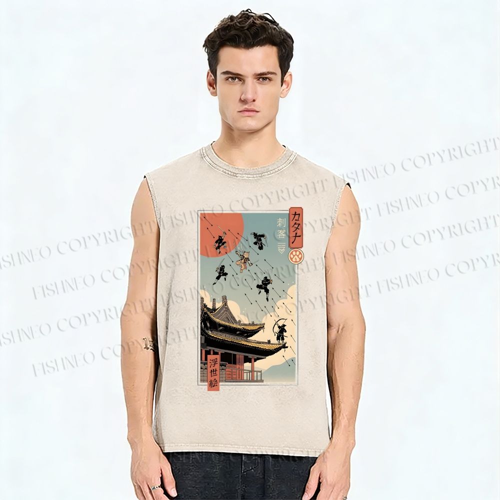 Unisex Catana Fight in Edo Printed Washed Tank Top