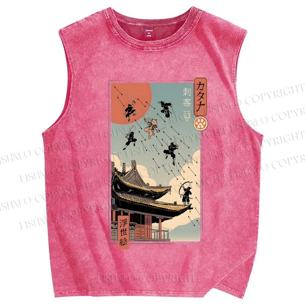 Unisex Catana Fight in Edo Printed Washed Tank Top
