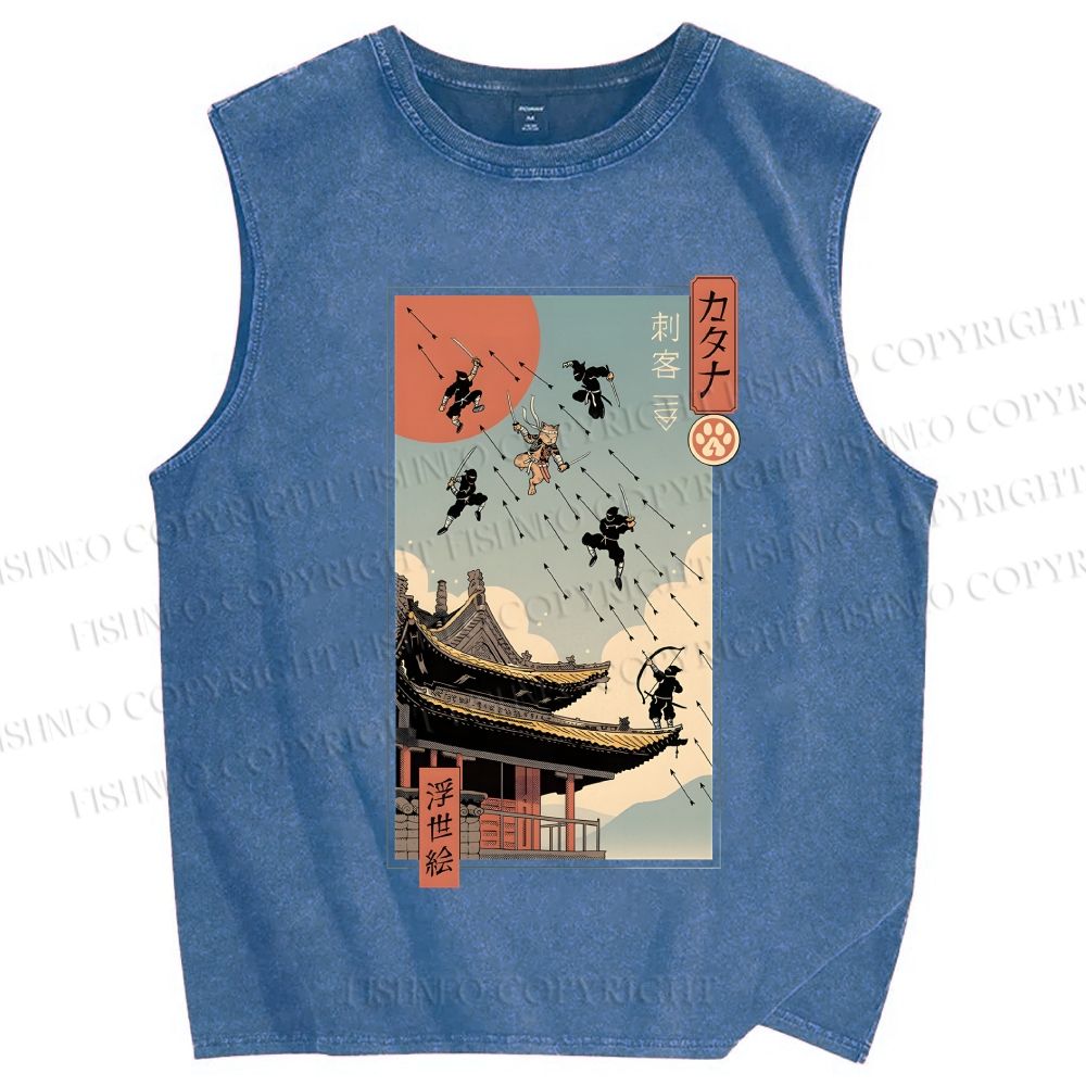Unisex Catana Fight in Edo Printed Washed Tank Top
