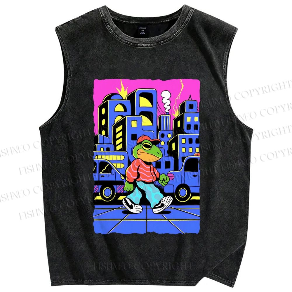 Unisex Hip Hop Frog in The City Printed Washed Tank Top
