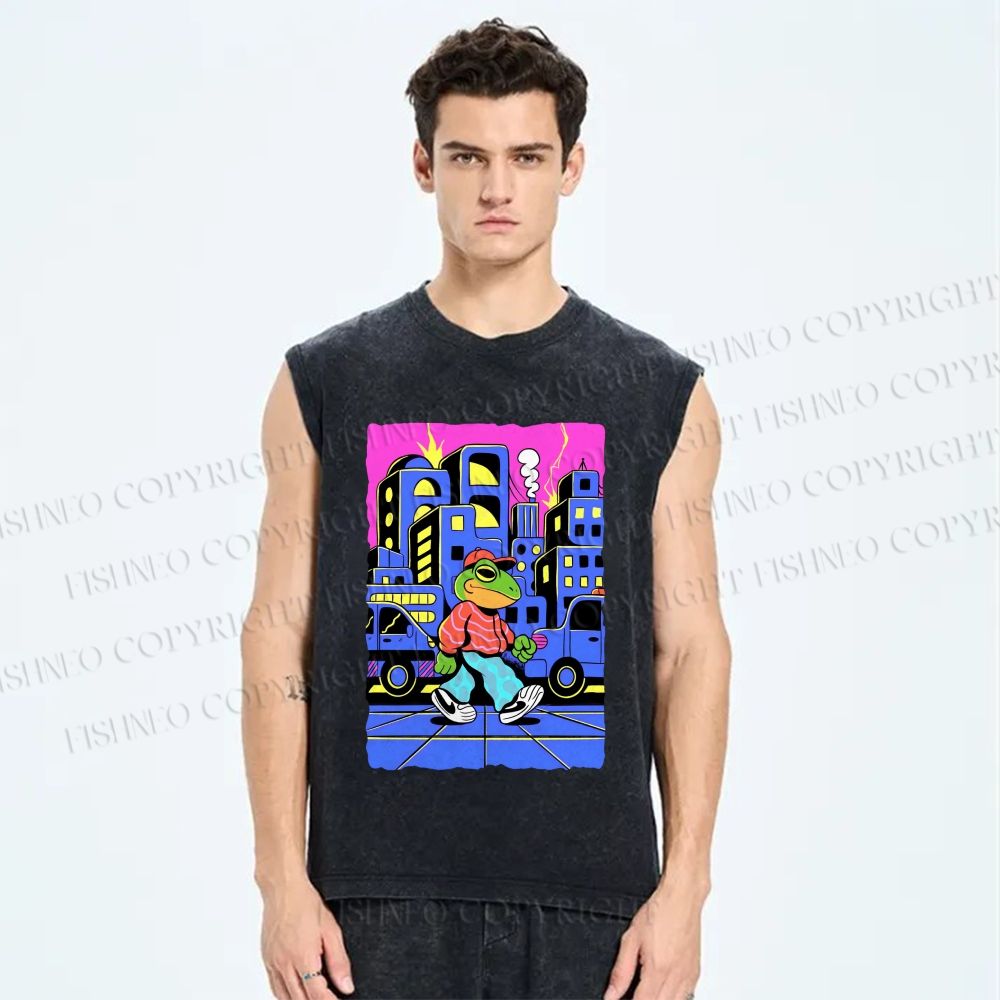 Unisex Hip Hop Frog in The City Printed Washed Tank Top