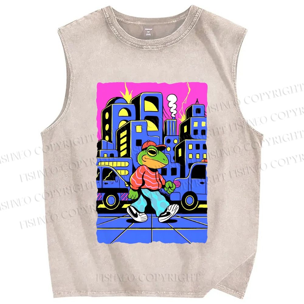 Unisex Hip Hop Frog in The City Printed Washed Tank Top