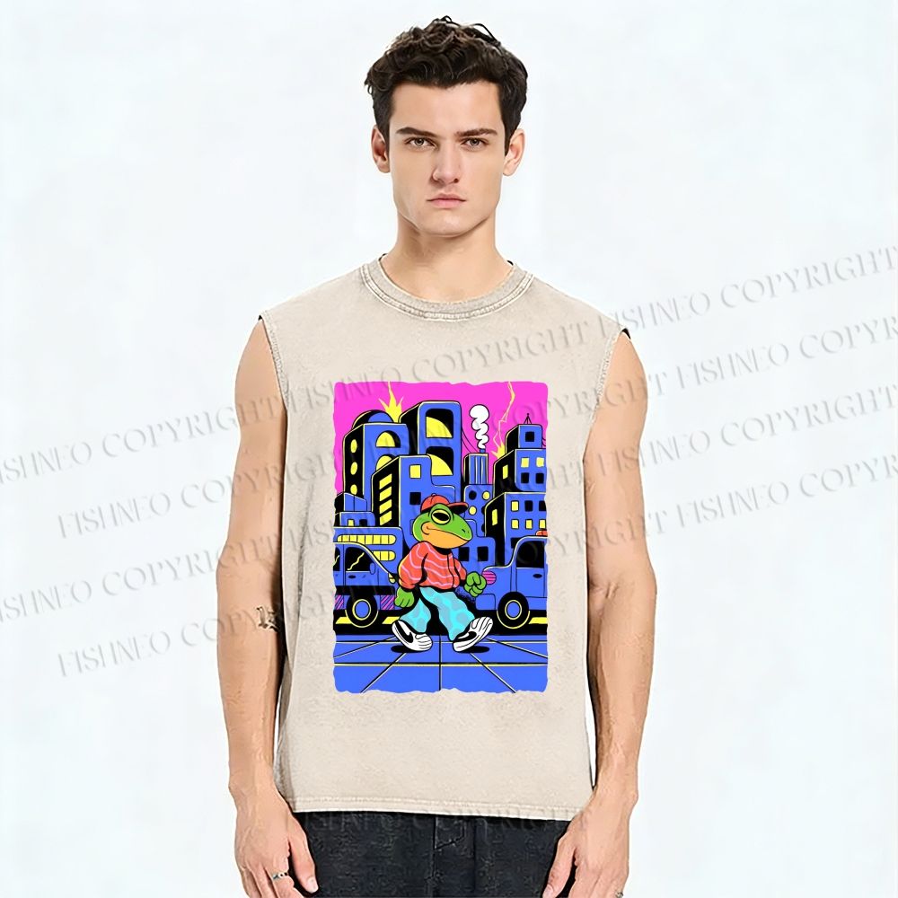 Unisex Hip Hop Frog in The City Printed Washed Tank Top