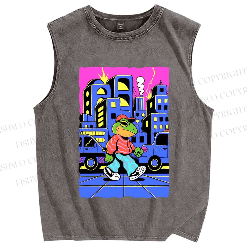 Unisex Hip Hop Frog in The City Printed Washed Tank Top