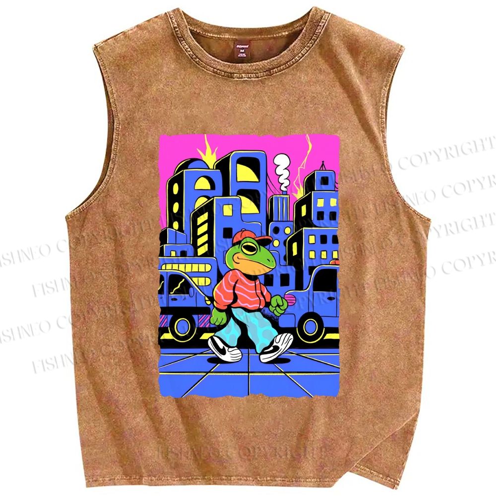 Unisex Hip Hop Frog in The City Printed Washed Tank Top