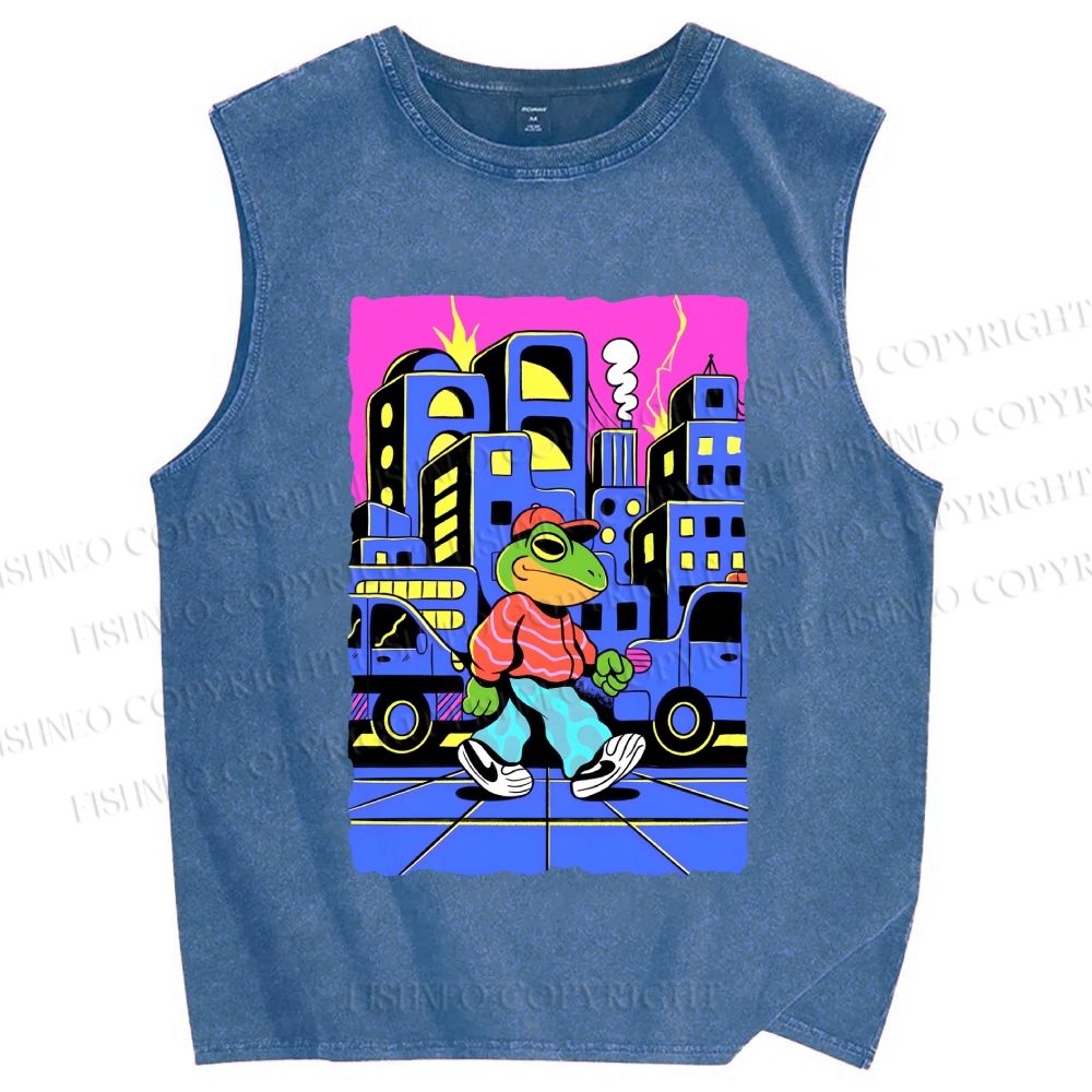Unisex Hip Hop Frog in The City Printed Washed Tank Top