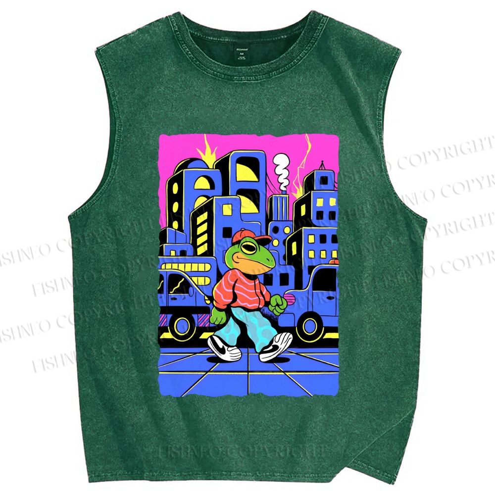 Unisex Hip Hop Frog in The City Printed Washed Tank Top