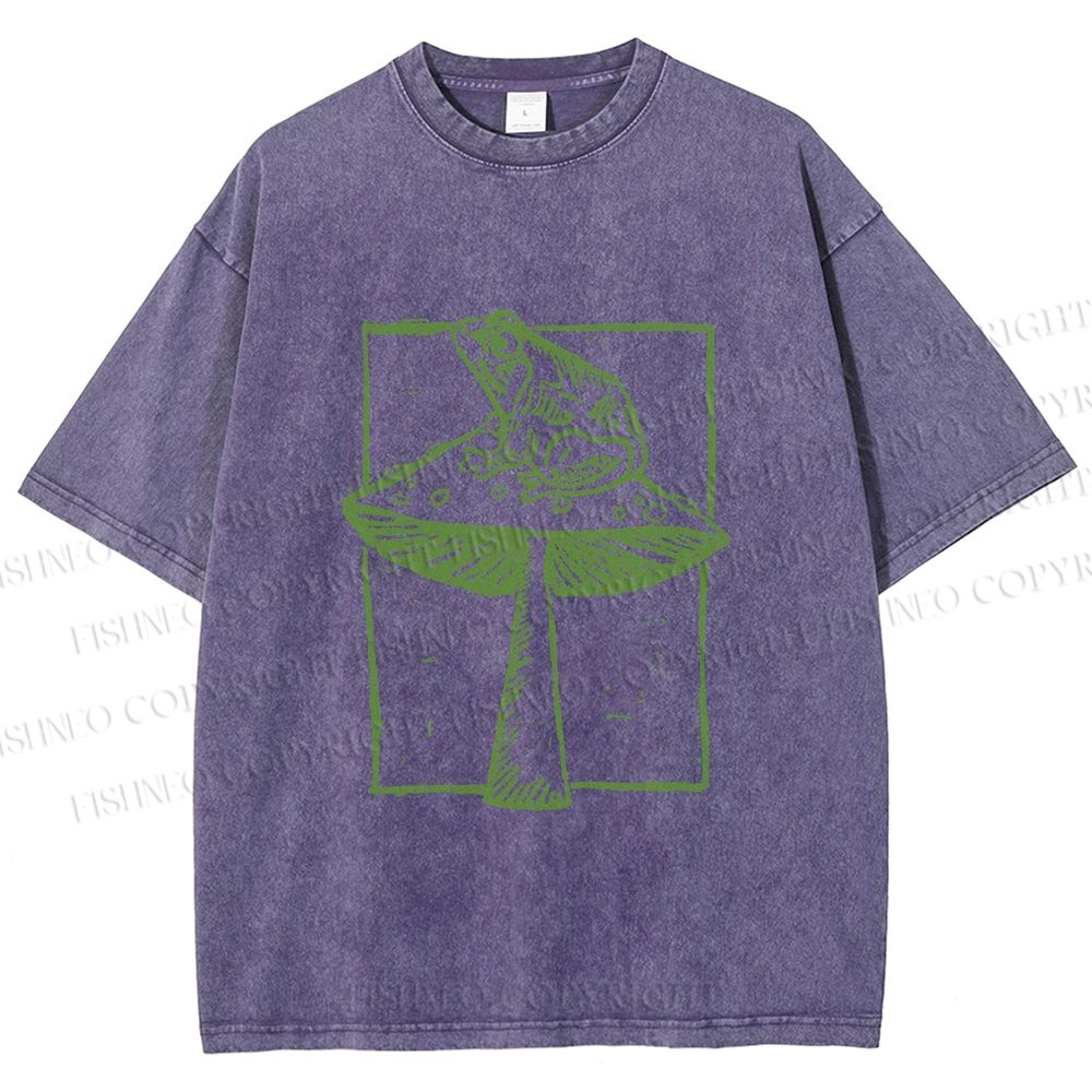Unisex Vintage Frog on Mushroom Printed Washed Tee