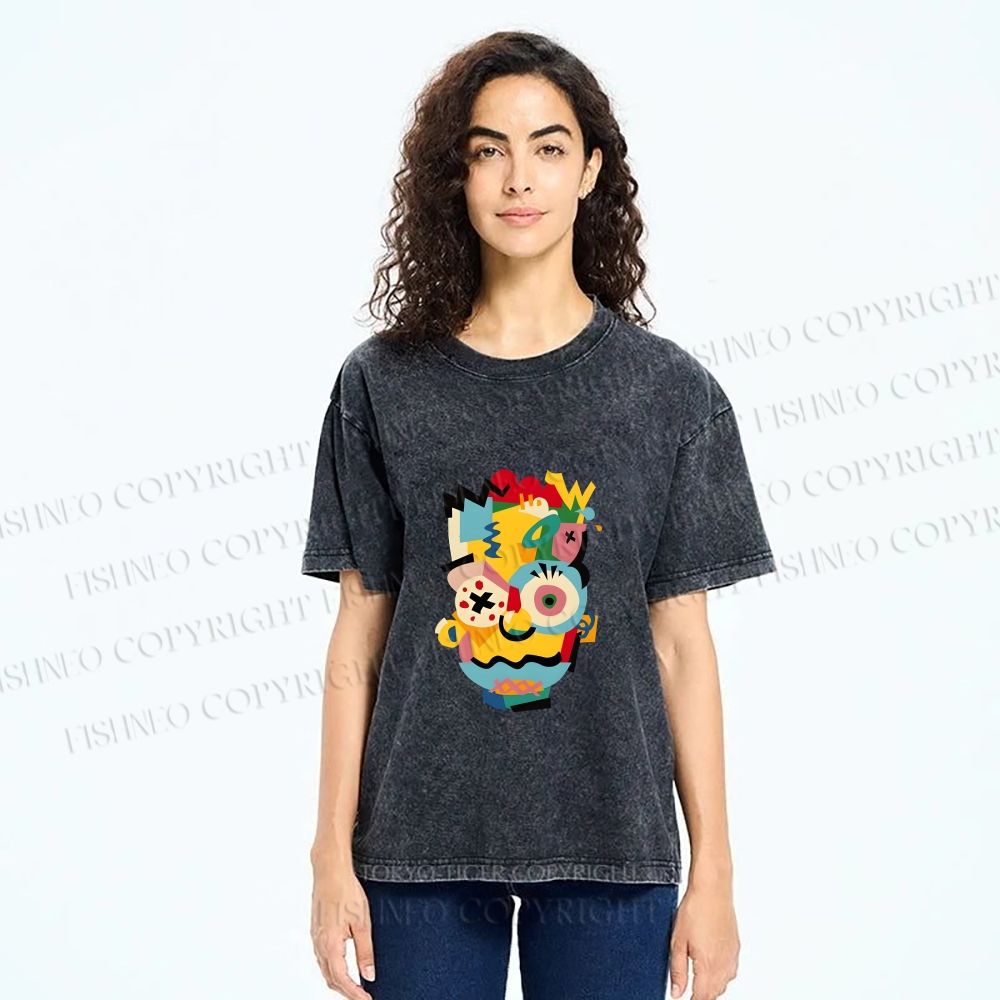 Unisex Collage of The Simpson Printed Washed Tee