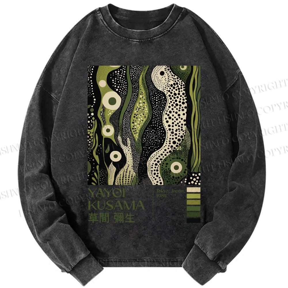 Unisex Casual Washed Yayoi Kusama Green Wood Printed Long Sleeve T-shirt