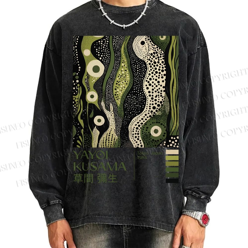 Unisex Casual Washed Yayoi Kusama Green Wood Printed Long Sleeve T-shirt