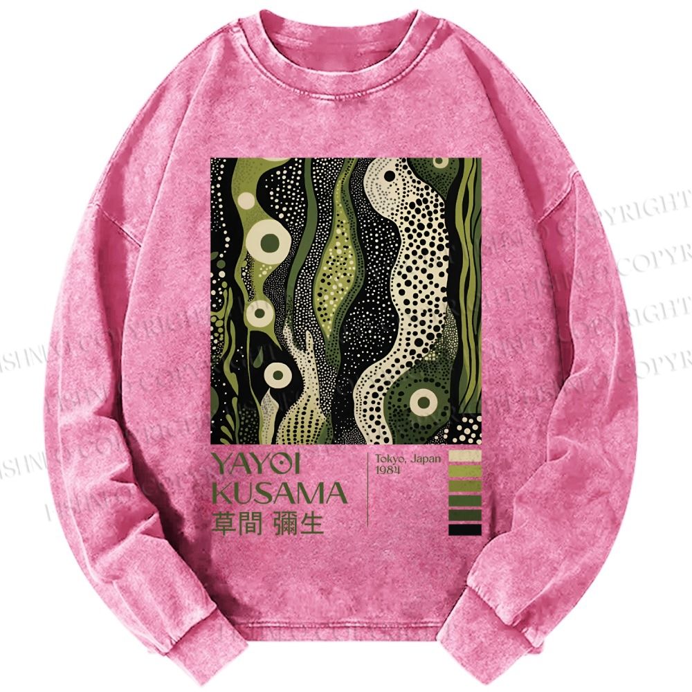 Unisex Casual Washed Yayoi Kusama Green Wood Printed Long Sleeve T-shirt