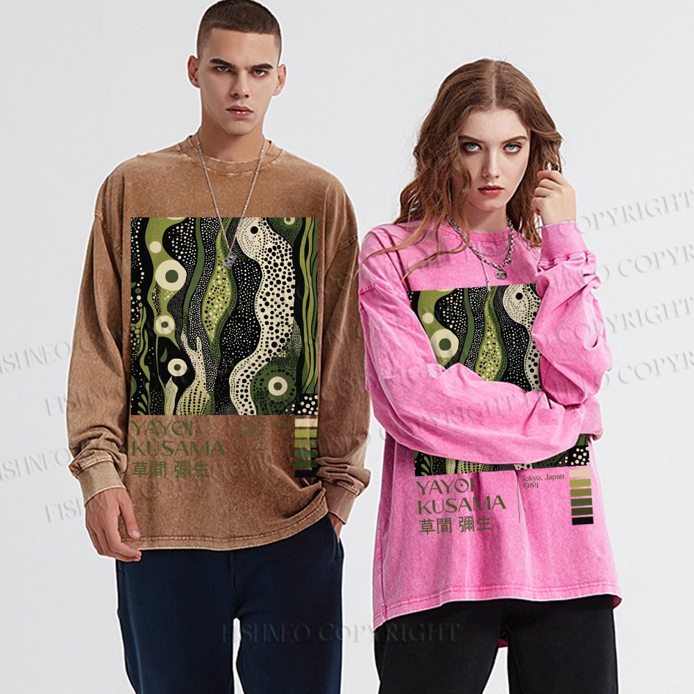 Unisex Casual Washed Yayoi Kusama Green Wood Printed Long Sleeve T-shirt