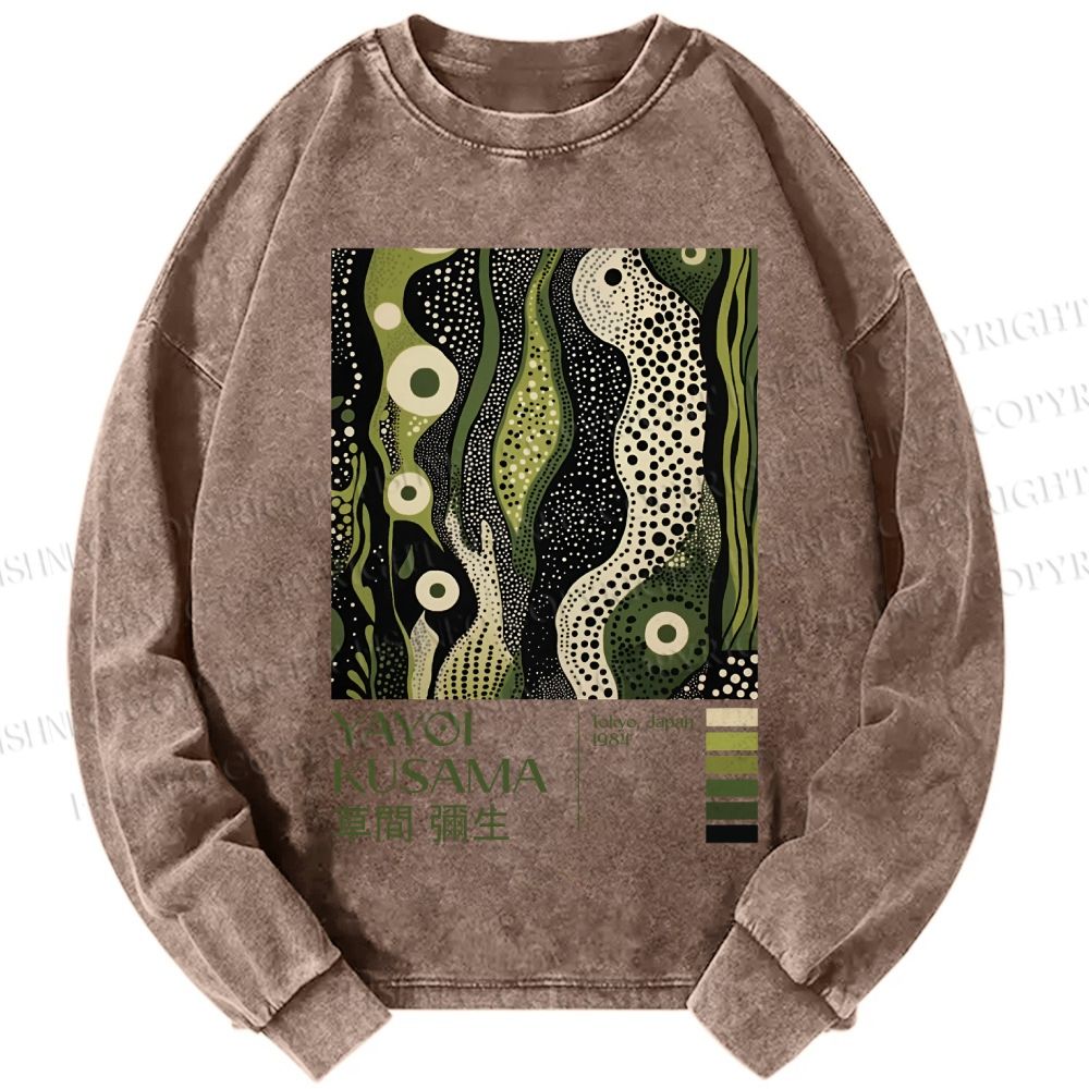 Unisex Casual Washed Yayoi Kusama Green Wood Printed Long Sleeve T-shirt