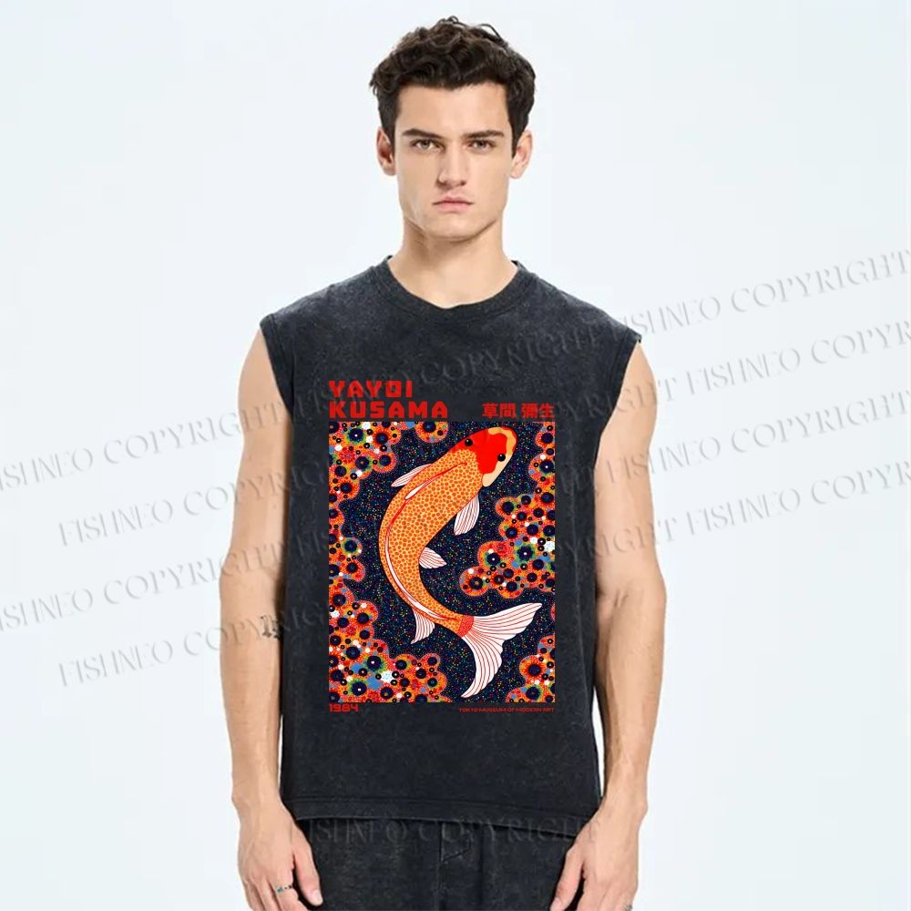 Unisex Yayoi Kusama Koi Fish Printed Washed Tank Top