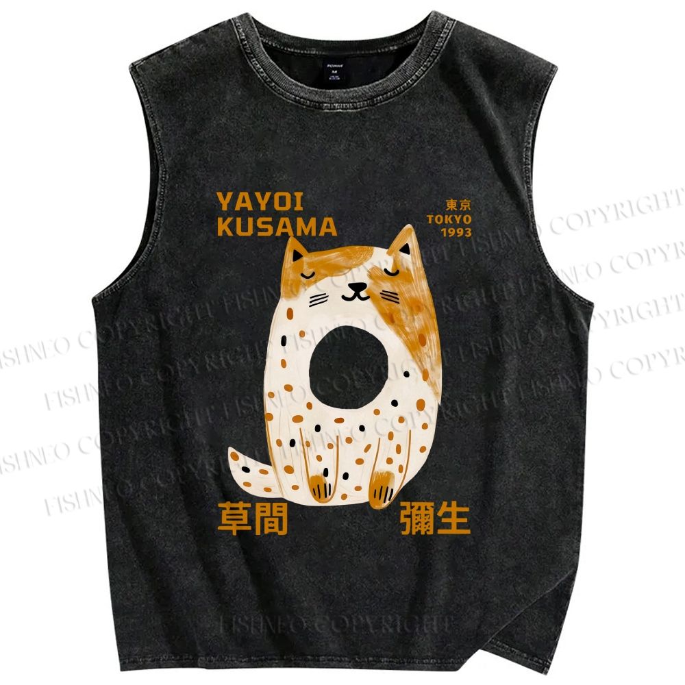Unisex Yayoi Kusama Donut Cat Printed Washed Tank Top