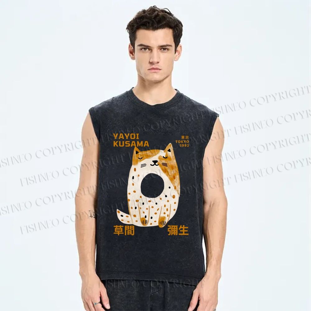 Unisex Yayoi Kusama Donut Cat Printed Washed Tank Top